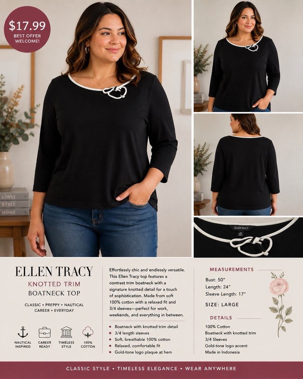 Ellen Tracy Size L Black Long Sleeve Cotton Bow Tie Collar Tops Blouse